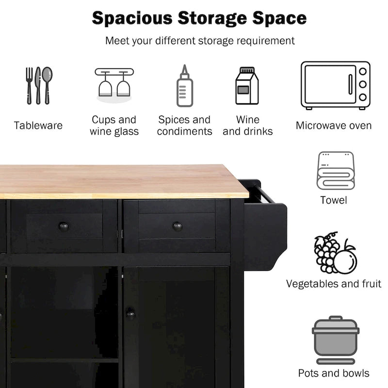 Kitchen Cart with Rubber wood Drop-Leaf Countertop, 5-Wheel Kitchen Island with Storage Cabinet & 3 Drawers