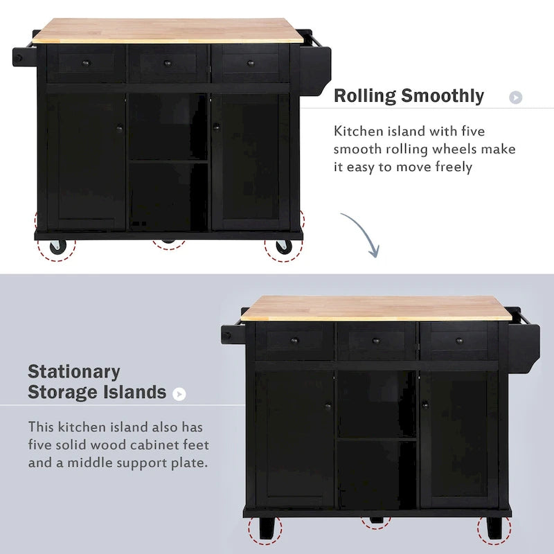 Kitchen Cart with Rubber wood Drop-Leaf Countertop, 5-Wheel Kitchen Island with Storage Cabinet & 3 Drawers