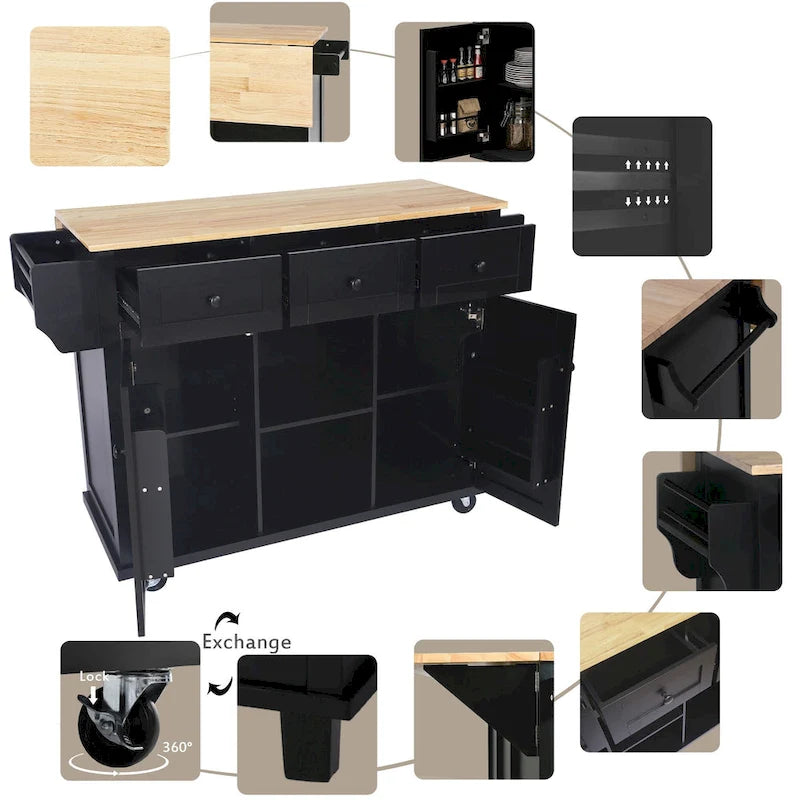 Kitchen Cart with Rubber wood Drop-Leaf Countertop, 5-Wheel Kitchen Island with Storage Cabinet & 3 Drawers