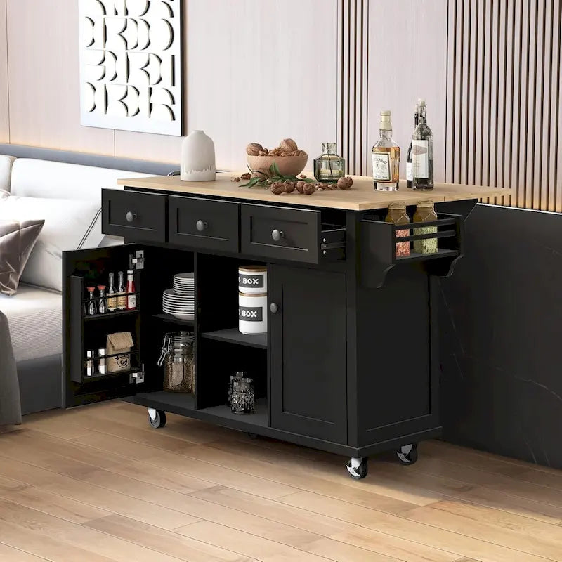 Kitchen Cart with Rubber wood Drop-Leaf Countertop, 5-Wheel Kitchen Island with Storage Cabinet & 3 Drawers
