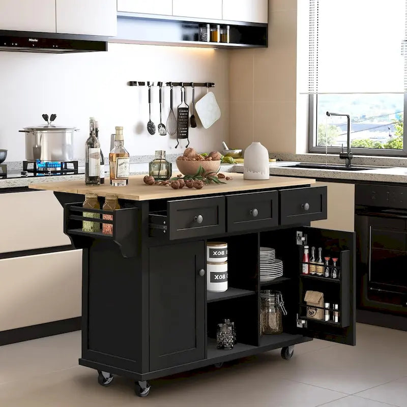 Kitchen Cart with Rubber wood Drop-Leaf Countertop, 5-Wheel Kitchen Island with Storage Cabinet & 3 Drawers