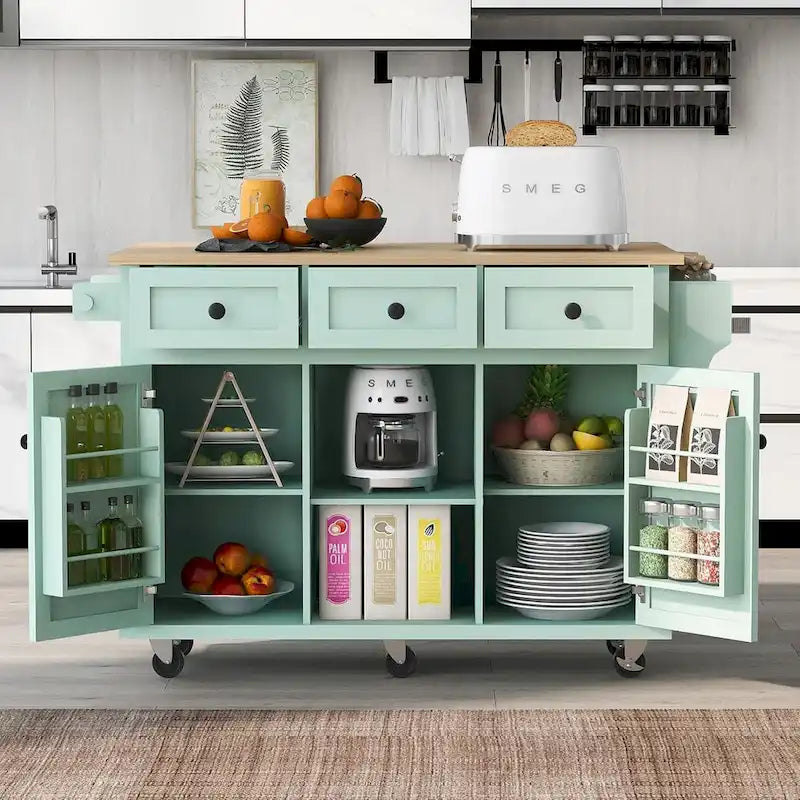 Kitchen Cart with Rubber wood Drop-Leaf Countertop, 5-Wheel Kitchen Island with Storage Cabinet & 3 Drawers