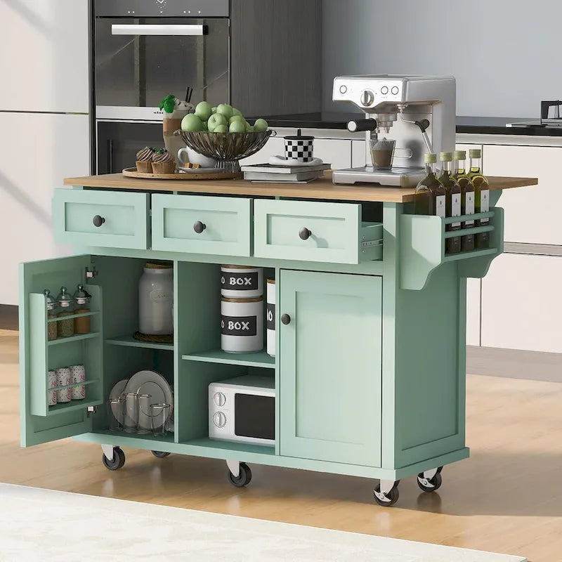 Kitchen Cart with Rubber wood Drop-Leaf Countertop, 5-Wheel Kitchen Island with Storage Cabinet & 3 Drawers
