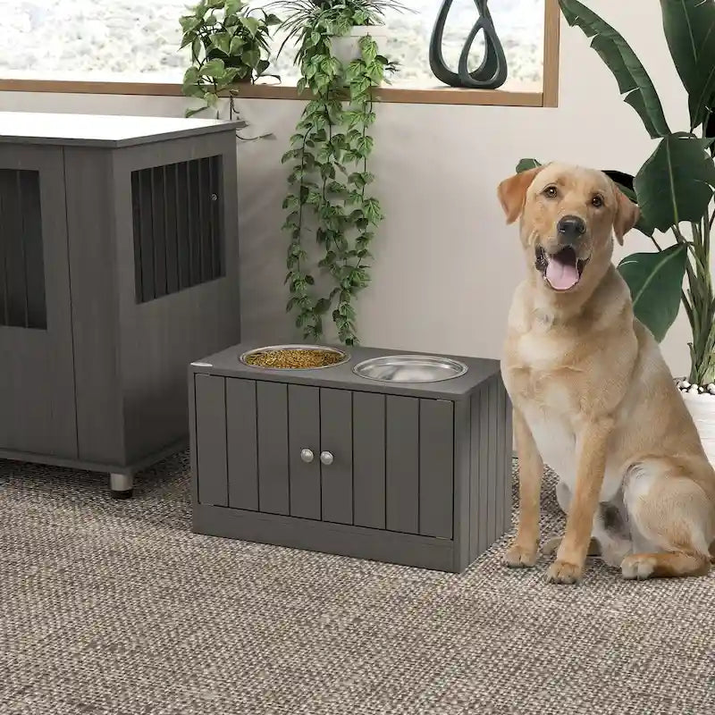 Large Elevated Dog Bowls with Storage Cabinet 44L Capacity, Raised Dog Bowl Stand Pet Food Bowl Dog Feeding Station, Gray