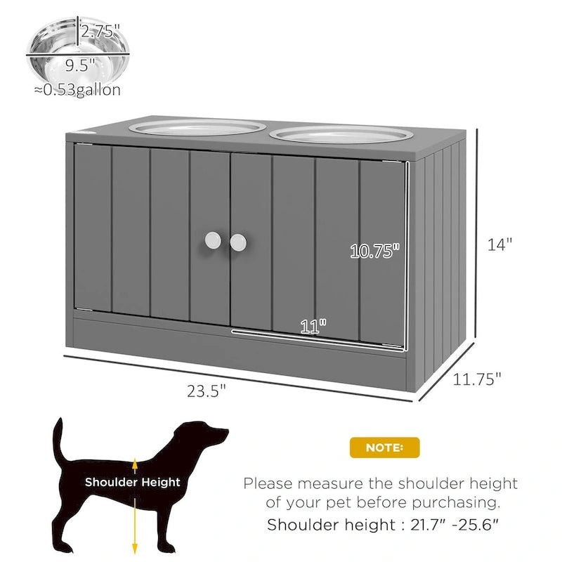 Large Elevated Dog Bowls with Storage Cabinet 44L Capacity, Raised Dog Bowl Stand Pet Food Bowl Dog Feeding Station, Gray
