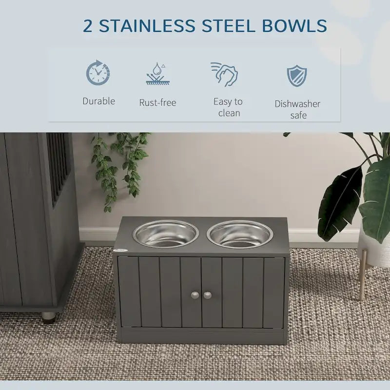 Large Elevated Dog Bowls with Storage Cabinet 44L Capacity, Raised Dog Bowl Stand Pet Food Bowl Dog Feeding Station, Gray