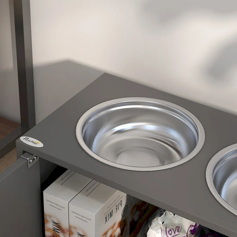 Large Elevated Dog Bowls with Storage Cabinet 44L Capacity, Raised Dog Bowl Stand Pet Food Bowl Dog Feeding Station, Gray