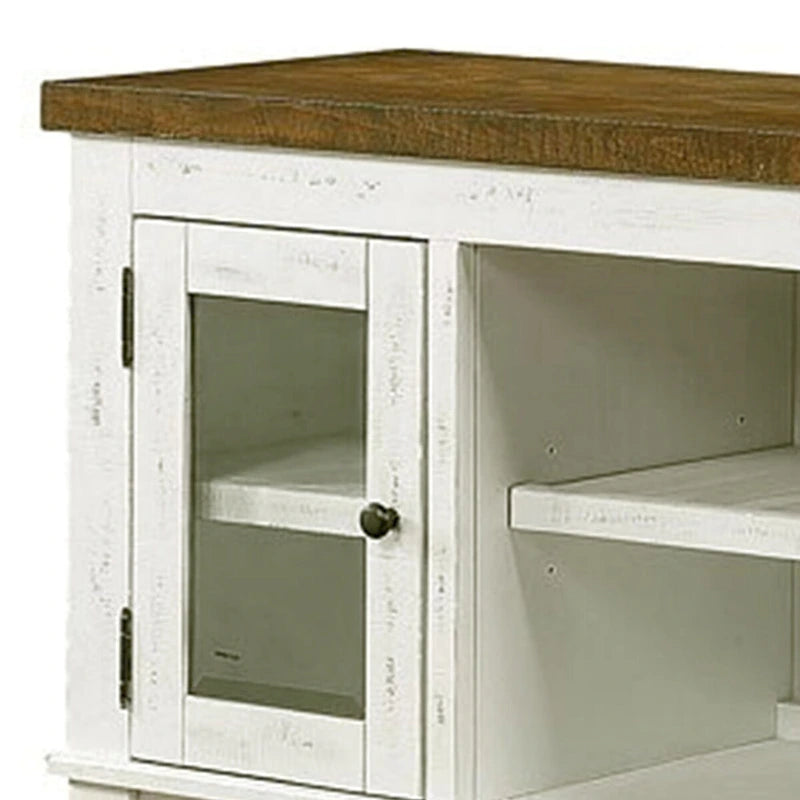 60 Inch Wood Server, 2 Glass Door Cabinets, Distressed White, Gray