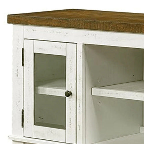 60 Inch Wood Server, 2 Glass Door Cabinets, Distressed White, Gray