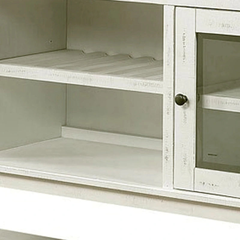 60 Inch Wood Server, 2 Glass Door Cabinets, Distressed White, Gray