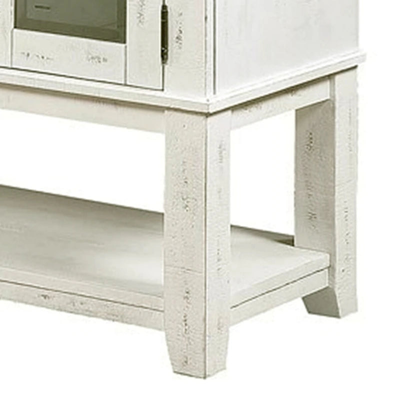60 Inch Wood Server, 2 Glass Door Cabinets, Distressed White, Gray