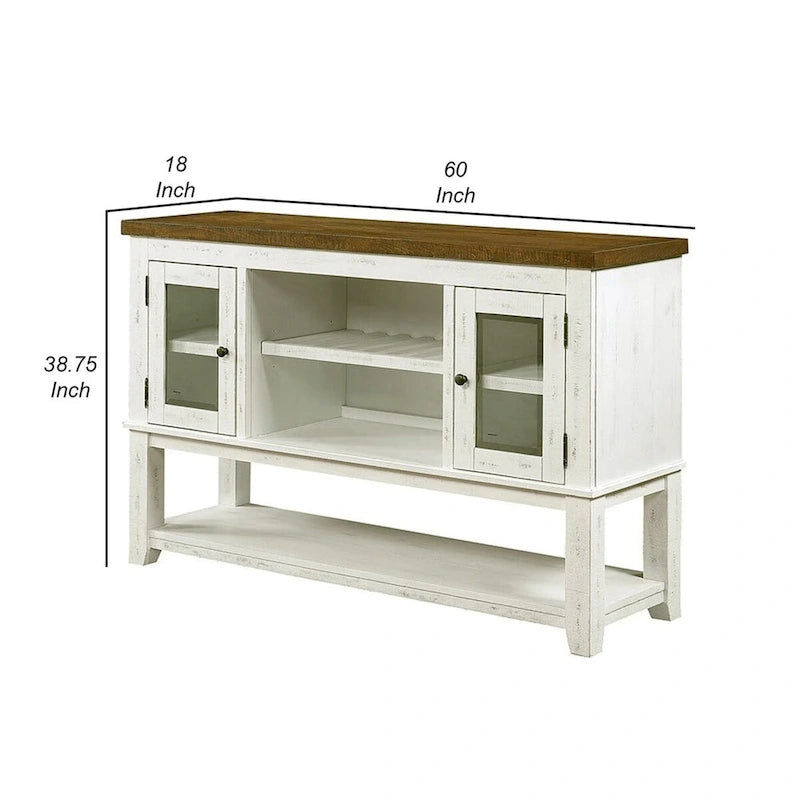 60 Inch Wood Server, 2 Glass Door Cabinets, Distressed White, Gray