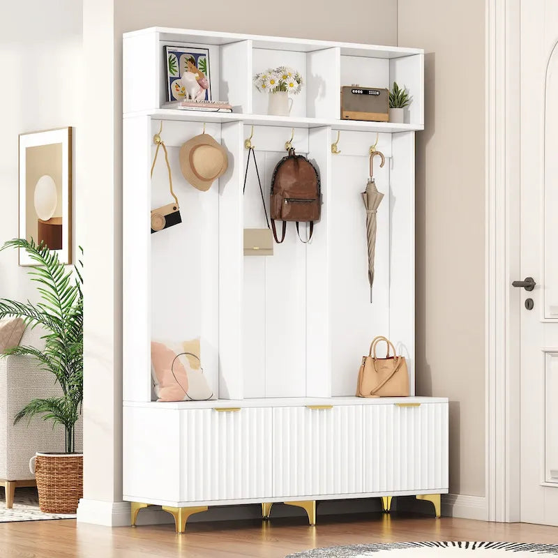 Storage Hall Tree with Bench, Multi-functional Storage Bench with High Gloss Fluted Doors, Coat Rack with 6 Hooks and Legs