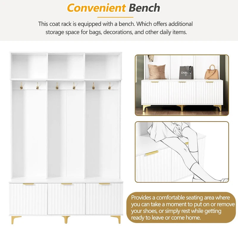Storage Hall Tree with Bench, Multi-functional Storage Bench with High Gloss Fluted Doors, Coat Rack with 6 Hooks and Legs