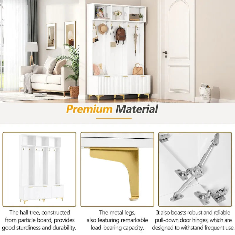 Storage Hall Tree with Bench, Multi-functional Storage Bench with High Gloss Fluted Doors, Coat Rack with 6 Hooks and Legs