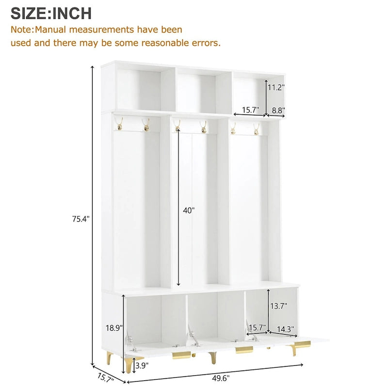 Storage Hall Tree with Bench, Multi-functional Storage Bench with High Gloss Fluted Doors, Coat Rack with 6 Hooks and Legs