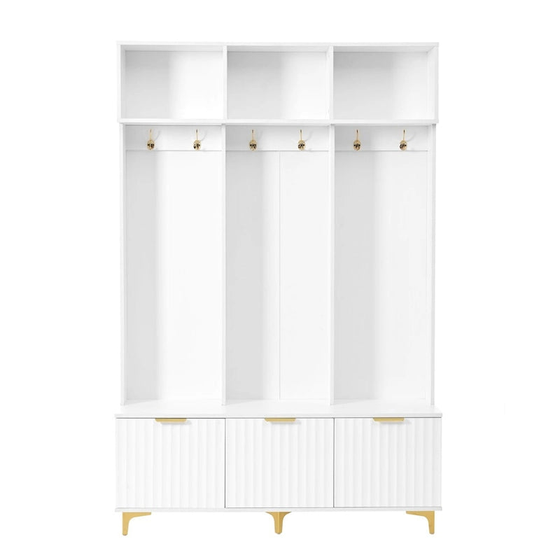 Storage Hall Tree with Bench, Multi-functional Storage Bench with High Gloss Fluted Doors, Coat Rack with 6 Hooks and Legs