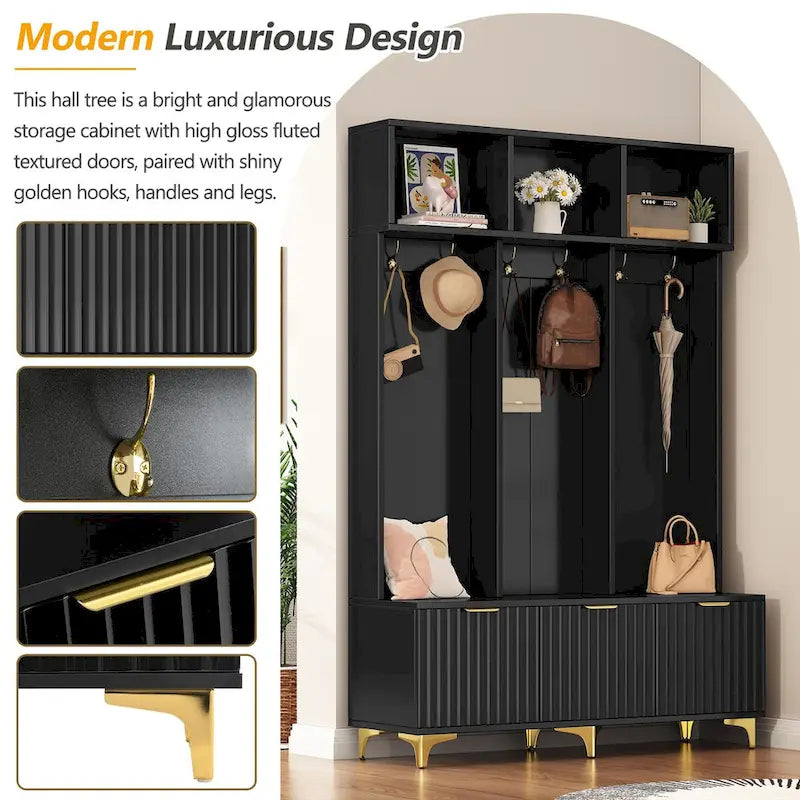 Storage Hall Tree with Bench, Multi-functional Storage Bench with High Gloss Fluted Doors, Coat Rack with 6 Hooks and Legs