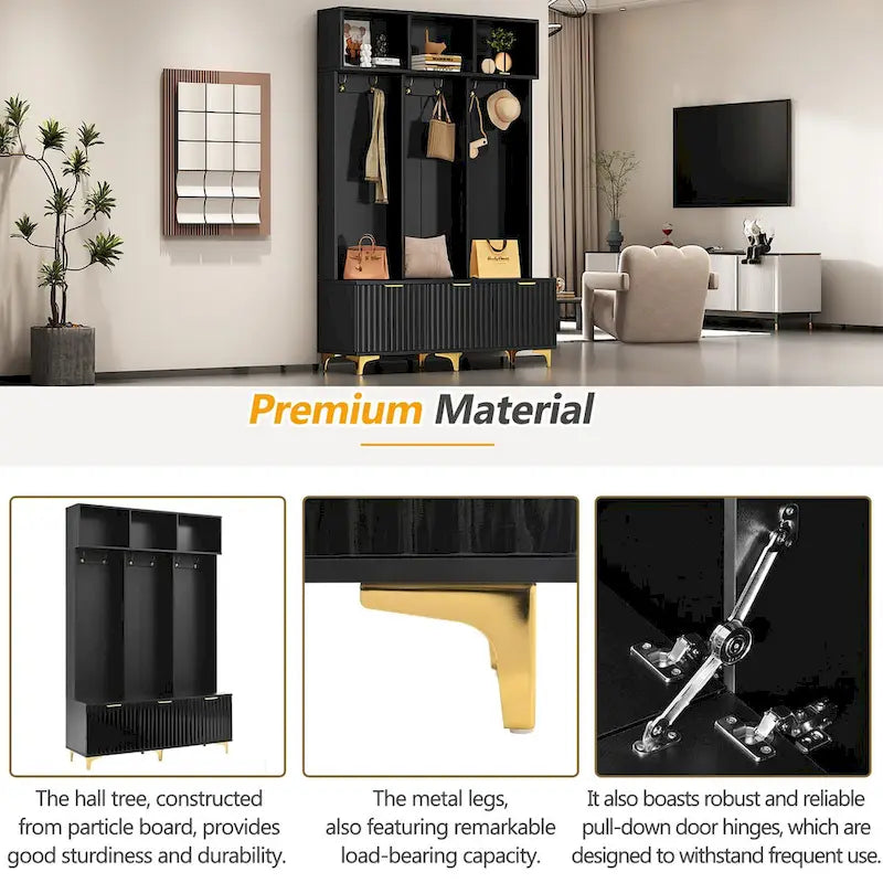 Storage Hall Tree with Bench, Multi-functional Storage Bench with High Gloss Fluted Doors, Coat Rack with 6 Hooks and Legs