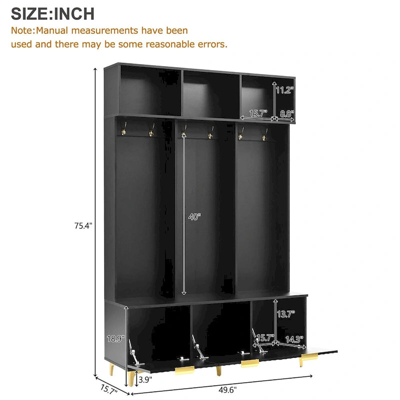 Storage Hall Tree with Bench, Multi-functional Storage Bench with High Gloss Fluted Doors, Coat Rack with 6 Hooks and Legs