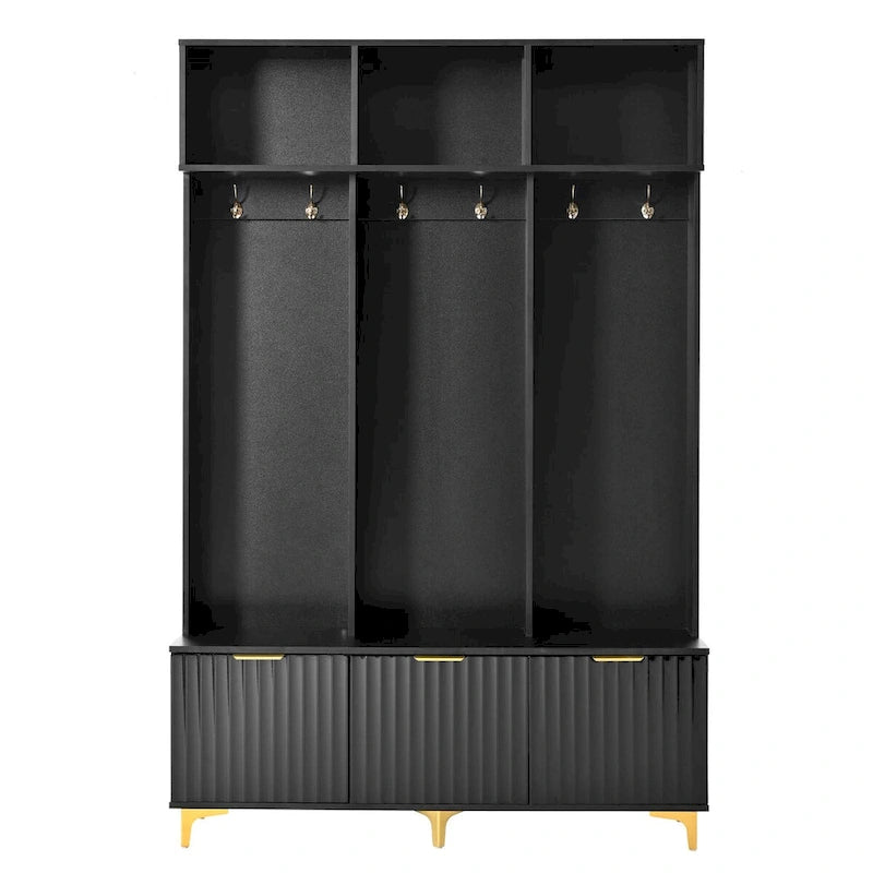 Storage Hall Tree with Bench, Multi-functional Storage Bench with High Gloss Fluted Doors, Coat Rack with 6 Hooks and Legs