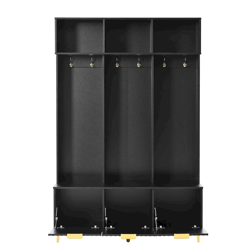 Storage Hall Tree with Bench, Multi-functional Storage Bench with High Gloss Fluted Doors, Coat Rack with 6 Hooks and Legs