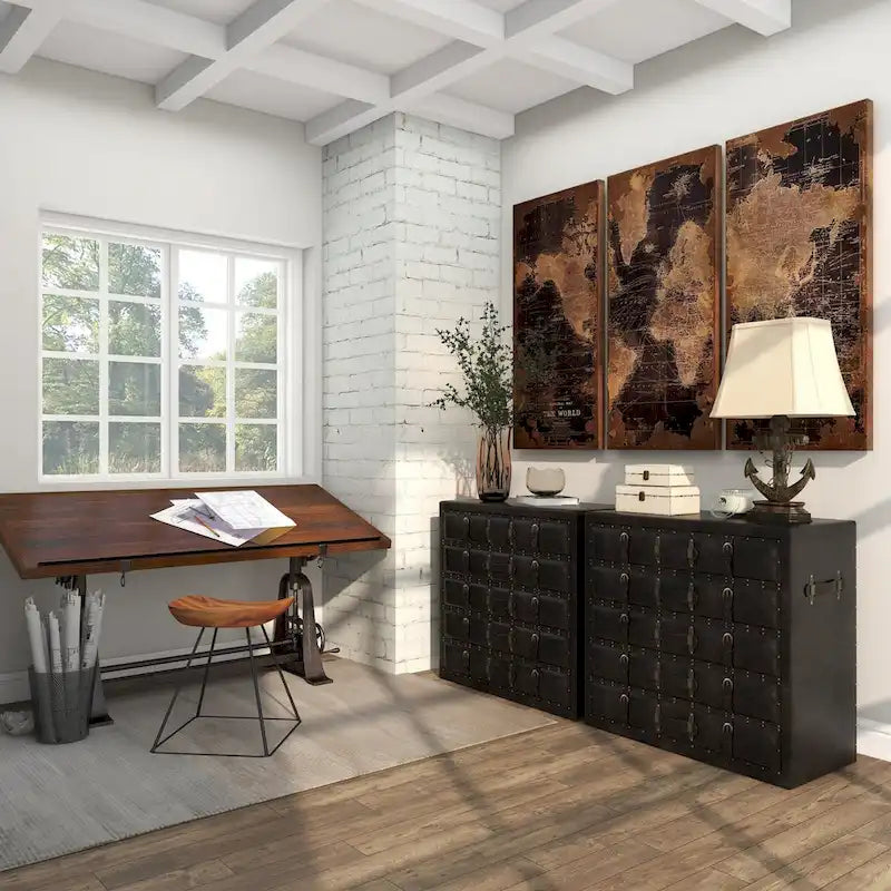Wooden Vintage Faux Leather Room Chest with Buckles and Straps Detailing - Black