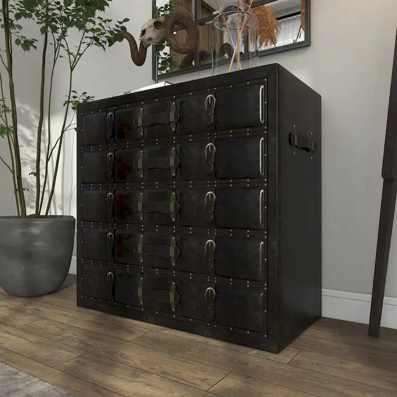 Wooden Vintage Faux Leather Room Chest with Buckles and Straps Detailing - Black