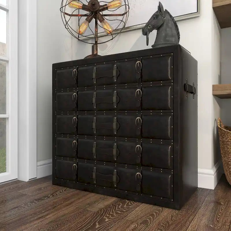 Wooden Vintage Faux Leather Room Chest with Buckles and Straps Detailing - Black
