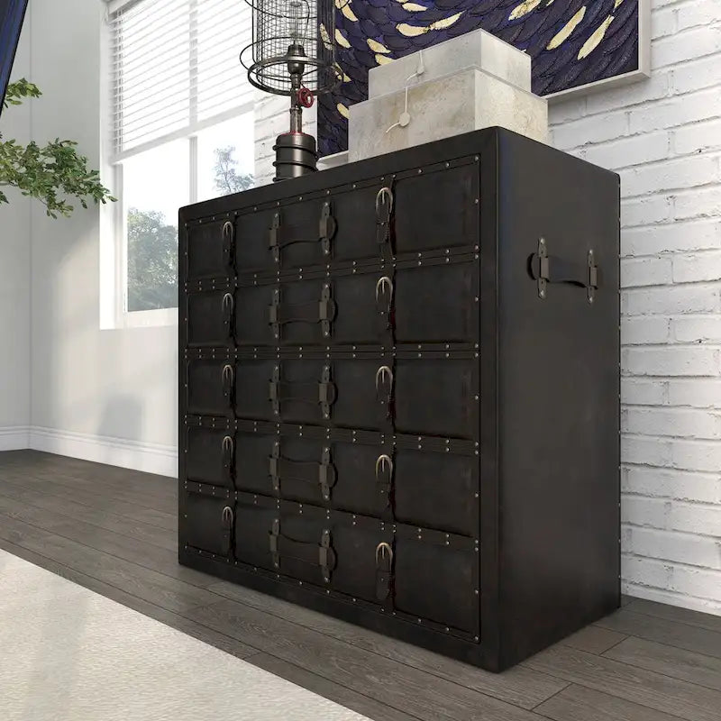 Wooden Vintage Faux Leather Room Chest with Buckles and Straps Detailing - Black