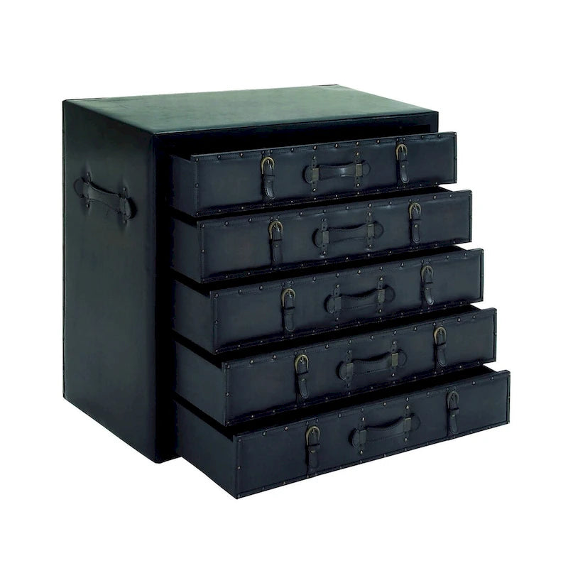 Wooden Vintage Faux Leather Room Chest with Buckles and Straps Detailing - Black