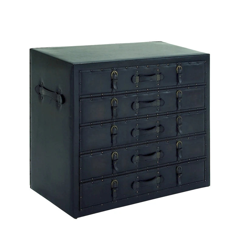 Wooden Vintage Faux Leather Room Chest with Buckles and Straps Detailing - Black